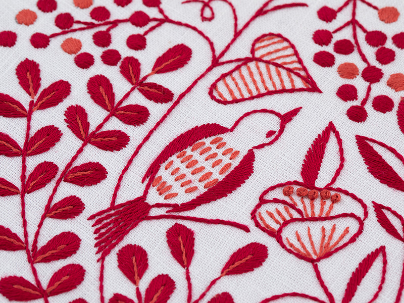 赤い花と小鳥のフレーム～『刺繍で描く植物模様』刺しゅうキットシリーズ