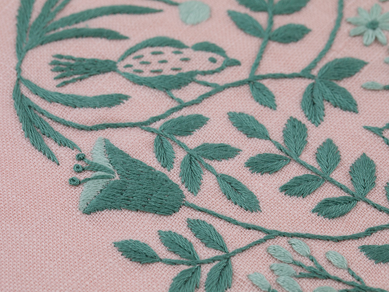 グリーンの小鳥と植物のサンプラー～『刺繍で描く植物模様』刺しゅうキットシリーズ