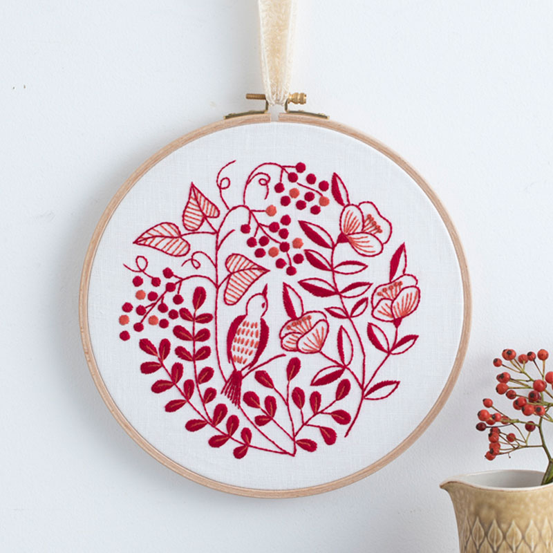 赤い花と小鳥のフレーム～『刺繍で描く植物模様』刺しゅうキットシリーズ